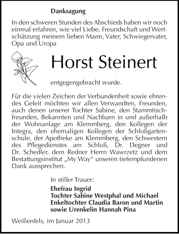 Traueranzeige von Horst Steinert von Mitteldeutsche Zeitung Weißenfels