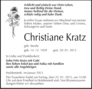 Traueranzeige von Christiane Kratz von Mitteldeutsche Zeitung Sangerhausen