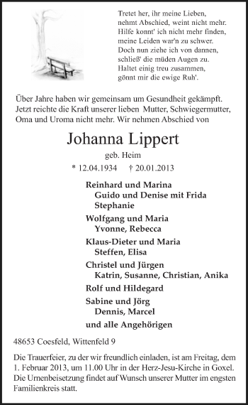 Traueranzeige von Johanna Lippert von Mitteldeutsche Zeitung Naumburg/Nebra