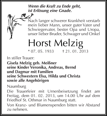 Traueranzeige von Horst Melzig von Mitteldeutsche Zeitung Naumburg/Nebra