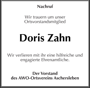 Traueranzeige von Doris Zahn von Mitteldeutsche Zeitung Aschersleben