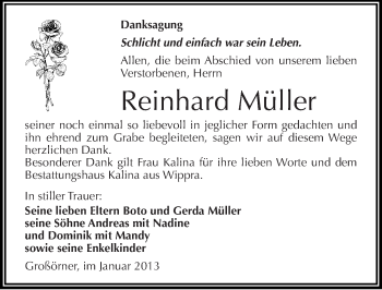 Traueranzeige von Reinhard Müller von Mitteldeutsche Zeitung Mansfelder Land