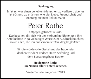 Traueranzeige von Peter Rothe von Mitteldeutsche Zeitung Sangerhausen