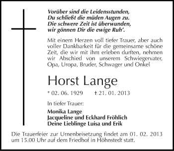 Traueranzeige von Horst Lange von Mitteldeutsche Zeitung Halle/Saalkreis