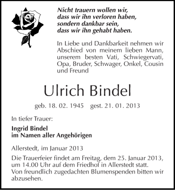 Traueranzeige von Ulrich Bindel von Mitteldeutsche Zeitung Naumburg/Nebra