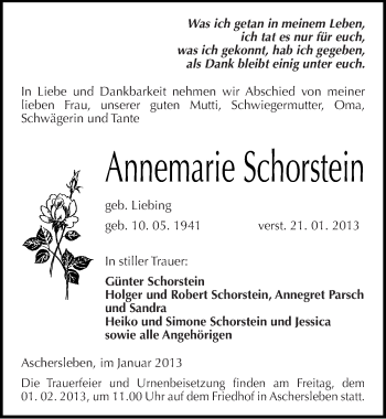 Traueranzeige von Annemarie Schorstein von Mitteldeutsche Zeitung Aschersleben