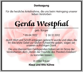 Traueranzeige von Gerda Westphal von Mitteldeutsche Zeitung Mansfelder Land