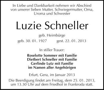 Traueranzeige von Luzie Schneller von Mitteldeutsche Zeitung Naumburg/Nebra