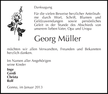 Traueranzeige von Georg Müller von Mitteldeutsche Zeitung Sangerhausen