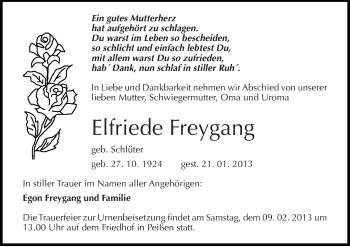 Traueranzeige von Elfriede Freygang von Mitteldeutsche Zeitung Halle/Saalkreis