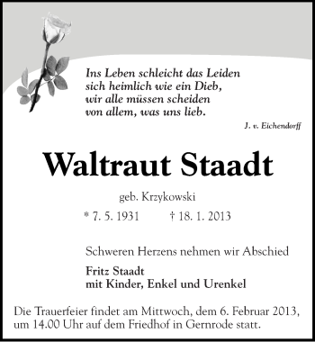 Traueranzeige von Waltraut Staadt von Mitteldeutsche Zeitung Quedlinburg