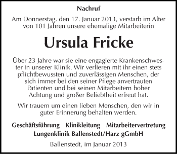 Traueranzeige von Ursula Fricke von Mitteldeutsche Zeitung Quedlinburg