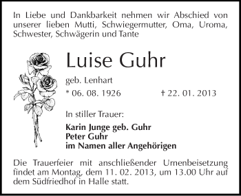 Traueranzeige von Luise Guhr von Mitteldeutsche Zeitung Halle/Saalkreis