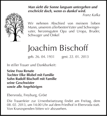 Traueranzeige von Joachim Bischoff von Mitteldeutsche Zeitung Naumburg/Nebra