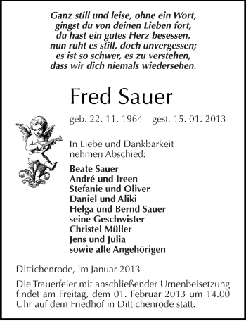 Traueranzeige von Fred Sauer von Mitteldeutsche Zeitung Sangerhausen