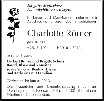 Traueranzeige von Charlotte Römer von Mitteldeutsche Zeitung Mansfelder Land