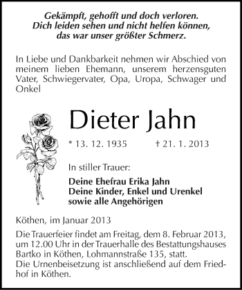 Traueranzeige von Dieter Jahn von Mitteldeutsche Zeitung Köthen