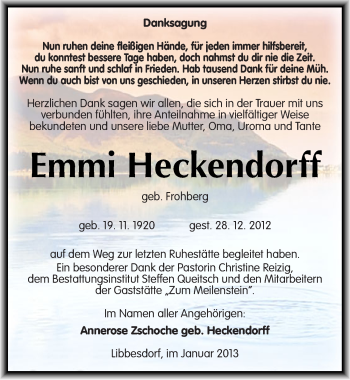 Traueranzeige von Emmi Heckendorff von Mitteldeutsche Zeitung Köthen