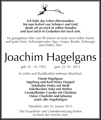 Traueranzeige von Joachim Hagelgans von Mitteldeutsche Zeitung Mansfelder Land