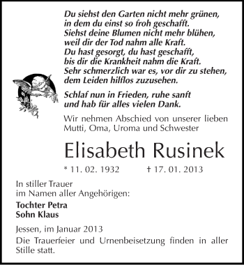 Traueranzeige von Elisabeth Rusinek von Mitteldeutsche Zeitung Wittenberg