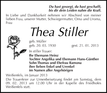 Traueranzeige von Thea Stiller von Mitteldeutsche Zeitung Weißenfels