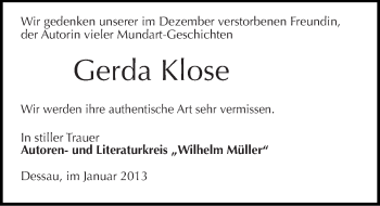 Traueranzeige von Gerda Klose von Mitteldeutsche Zeitung Dessau-Roßlau