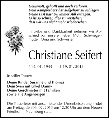 Traueranzeige von Christiane Seifert von Mitteldeutsche Zeitung Naumburg/Nebra