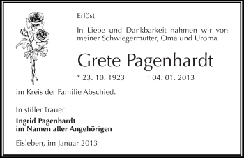 Traueranzeige von Grete Pagenhardt von Mitteldeutsche Zeitung Mansfelder Land