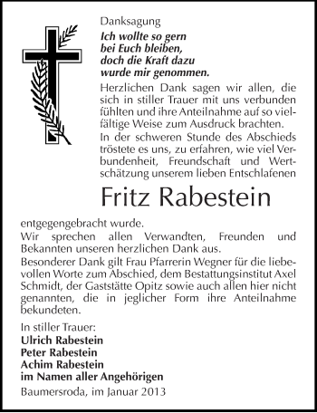 Traueranzeige von Fritz Rabestein von Mitteldeutsche Zeitung Merseburg/Querfurt