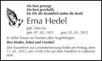 Traueranzeige von Erna Hedel von Mitteldeutsche Zeitung Halle/Saalkreis