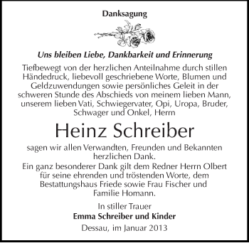 Traueranzeige von Heinz Schreiber von Mitteldeutsche Zeitung Dessau-Roßlau