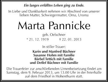 Traueranzeige von Marta Pannicke von Mitteldeutsche Zeitung Halle/Saalkreis