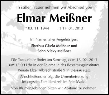 Traueranzeige von Elmar Meißner von Mitteldeutsche Zeitung Dessau-Roßlau