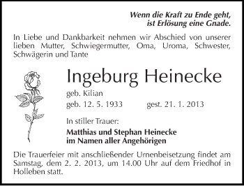 Traueranzeige von Ingeburg Heinecke von Mitteldeutsche Zeitung Halle/Saalkreis