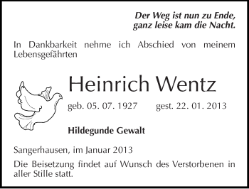 Traueranzeige von Heinrich Wentz von Mitteldeutsche Zeitung Sangerhausen