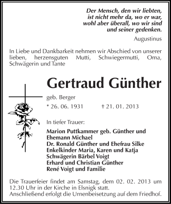 Traueranzeige von Gertraud Günther von Mitteldeutsche Zeitung Köthen