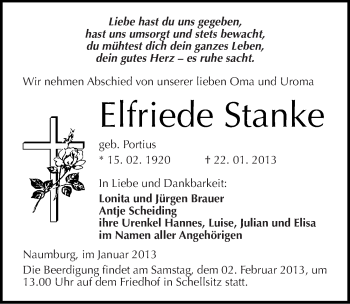 Traueranzeige von Elfriede Stanke von Mitteldeutsche Zeitung Naumburg/Nebra