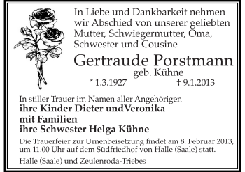 Traueranzeige von Gertraude Porstmann von Mitteldeutsche Zeitung Halle/Saalkreis