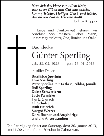 Traueranzeige von Günter Sperling von Mitteldeutsche Zeitung Wittenberg
