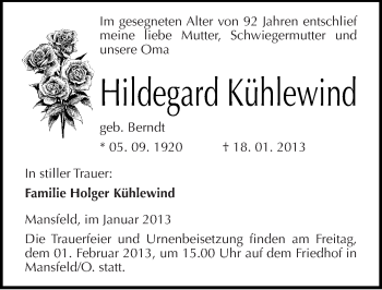 Traueranzeige von Hildegard Kühlewind von Mitteldeutsche Zeitung Mansfelder Land