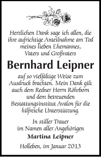 Traueranzeige von Bernhard Leipner von Mitteldeutsche Zeitung Halle/Saalkreis