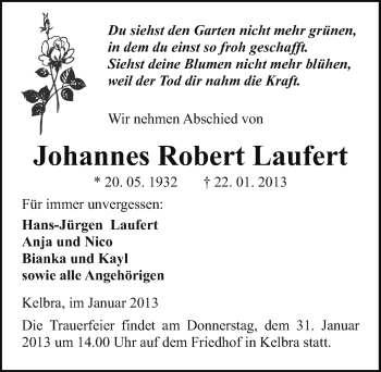 Traueranzeige von Johannes Robert Laufert von Mitteldeutsche Zeitung Sangerhausen