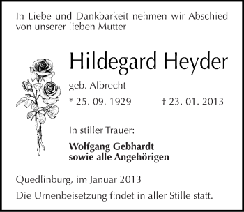 Traueranzeige von Hildegard Heyder von Mitteldeutsche Zeitung Quedlinburg