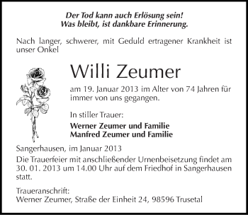 Traueranzeige von Willi Zeumer von Mitteldeutsche Zeitung Sangerhausen