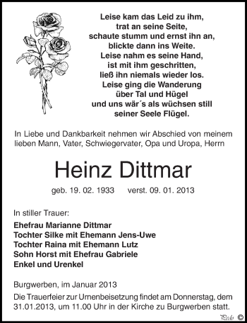 Traueranzeige von Heinz Dittmar von Mitteldeutsche Zeitung Weißenfels