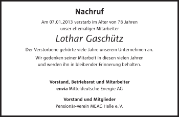Traueranzeige von Lothar Gaschütz von Mitteldeutsche Zeitung Zeitz