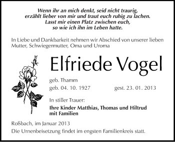 Traueranzeige von Elfriede Vogel von Mitteldeutsche Zeitung Merseburg/Querfurt