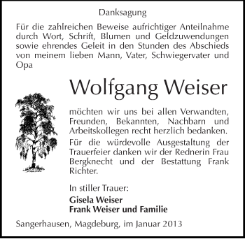 Traueranzeige von Wolfgang Weiser von Mitteldeutsche Zeitung Sangerhausen