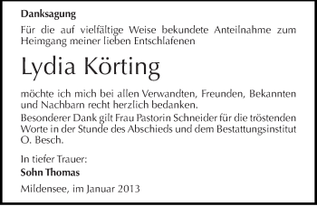 Traueranzeige von Lydia Körting von Mitteldeutsche Zeitung Dessau-Roßlau