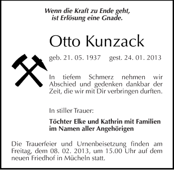 Traueranzeige von Otto Kunzack von Mitteldeutsche Zeitung Merseburg/Querfurt